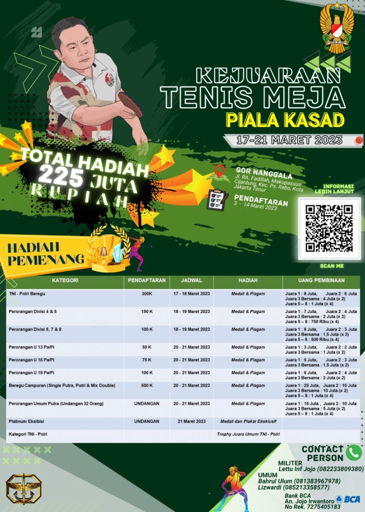 Kejuaraan Tenis Meja Piala KASAD Tahun 2023, Pendaftaran Dibuka Mulai Tanggal 3 Sampai 14 Maret 2023