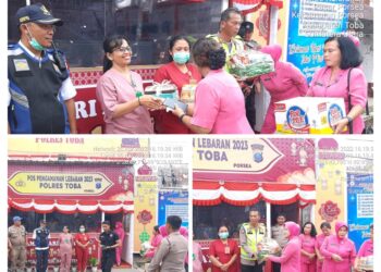 Jelang Lebaran Ketua Bhayangkari Polres Toba Berikan Bingkisan Pada Masyarakat dan Pemudik