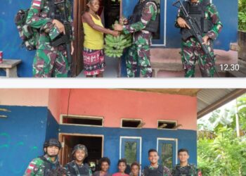 Satgas Pamtas Yonif 122/TS Pos KM 76 Berikan Sembako Dan Pelayanan Kesehatan di Kampung Uskuar